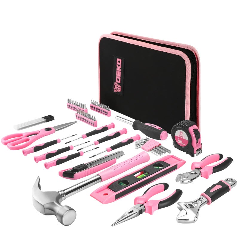 DEKO Pink Tool Set 110 Piece Household Tool Kit,Ladies Portable Tool Set with Easy Carrying Pouch, Perfect for DIY Projects, Home Maintenance - Image 1